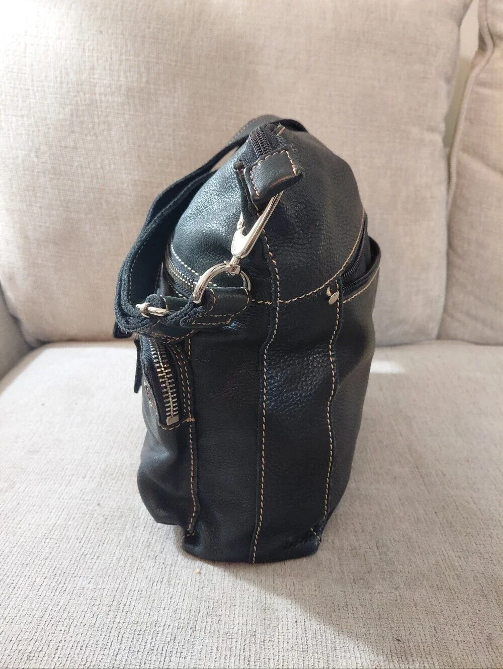 Fossil Black Leather Messenger Bag with Silver Hardware